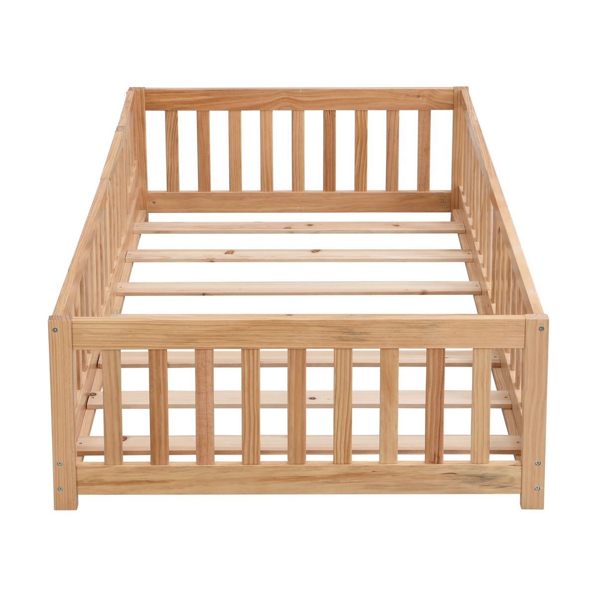 Solid wood floor bed with door and fence for children natural pine HouseOfZazla platform bed on Tampa Home & Garden Store