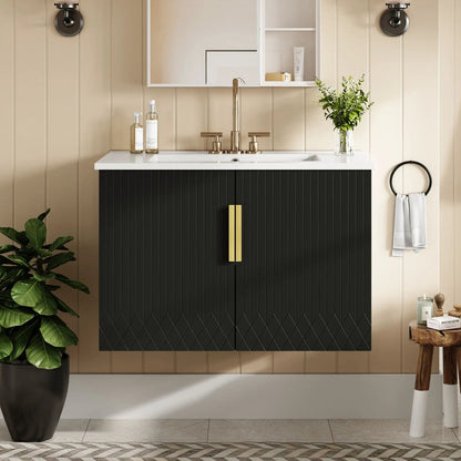 Bathroom vanity with sink, white countertop, black ribbed two-door cabinet, gold hardware on Tampa Home & Garden Store