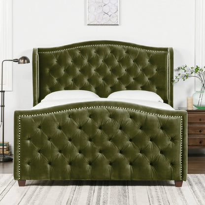 Marcella upholstered shelter headboard bed set olive green velvet tufted buttons on Tampa Home & Garden Store