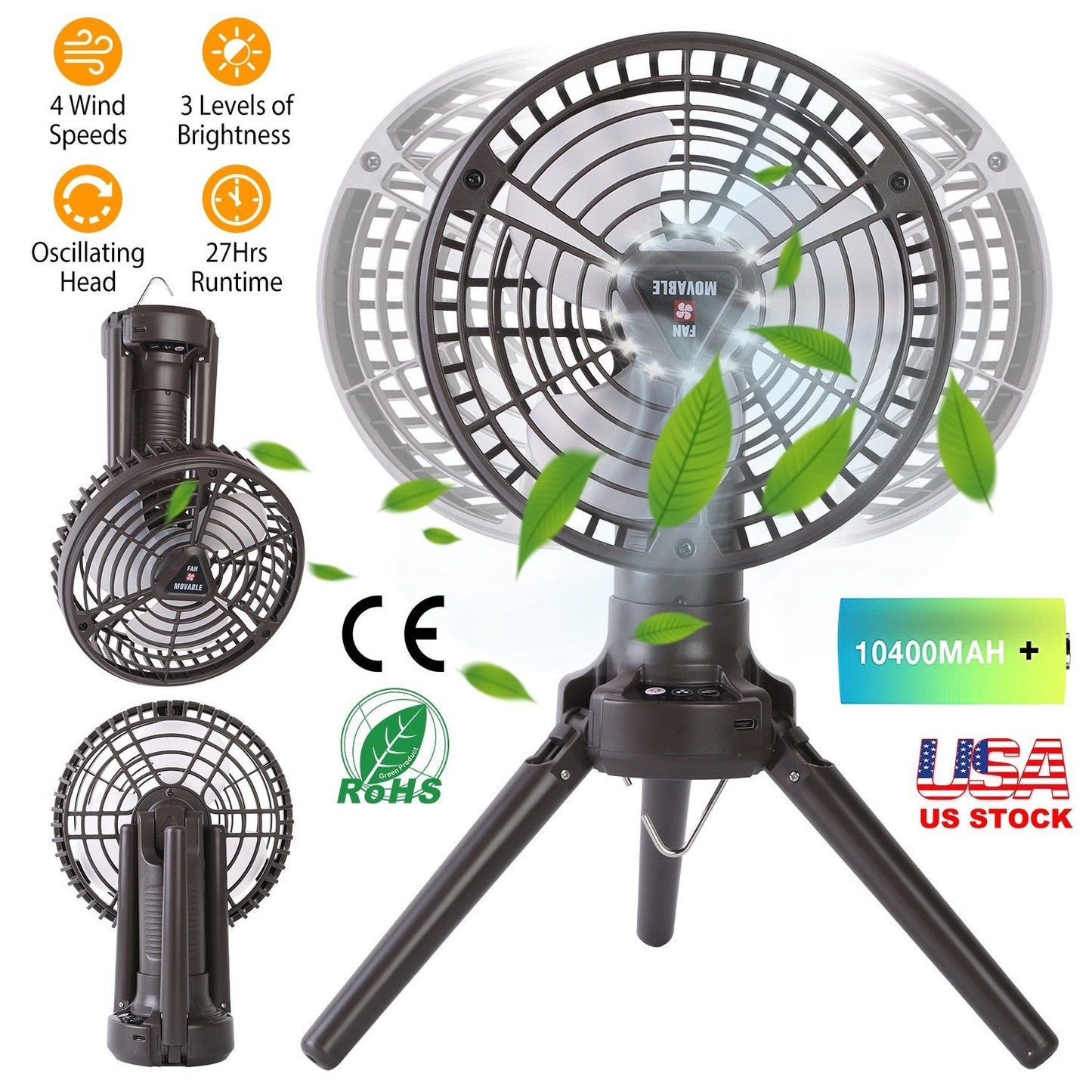 GemGear 10400mAh portable camping fan with LED light on tripod, foldable oscillating tent fan on Tampa Home & Garden Store