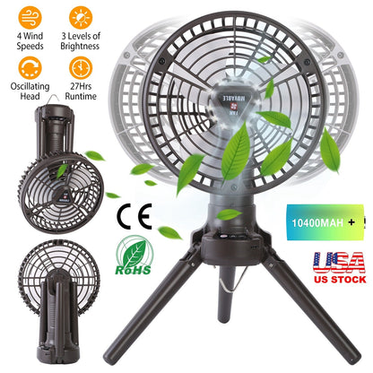 GemGear 10400mAh portable camping fan with LED light on tripod, foldable oscillating tent fan on Tampa Home & Garden Store