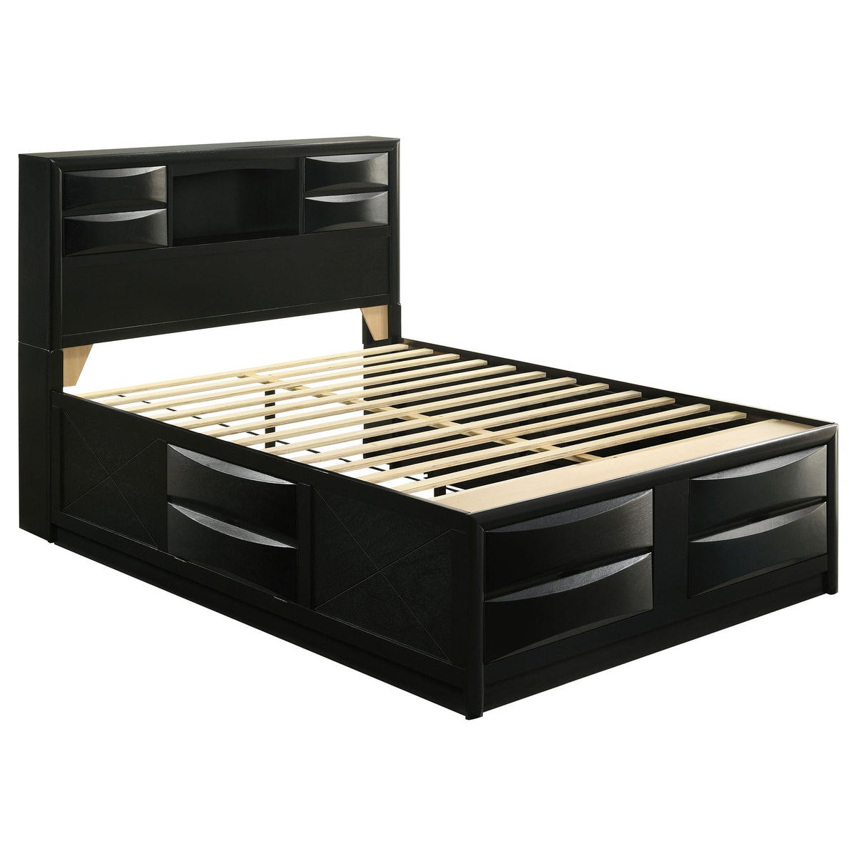Jazz storage bed black finish with built-in headboard cubbies and wooden slat base on Tampa Home & Garden Store