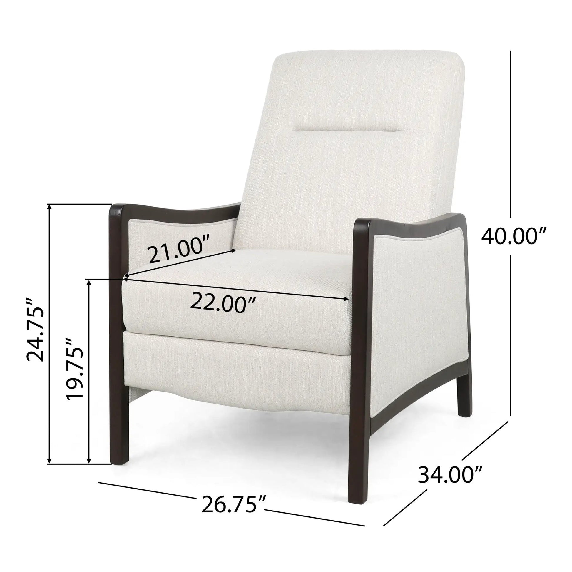 Drury Contemporary Fabric Upholstered Pushback Recliner with beige fabric and dark wood on Tampa Home & Garden Store