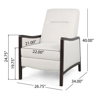 Drury Contemporary Fabric Upholstered Pushback Recliner in light beige fabric with wood arms on Tampa Home & Garden Store