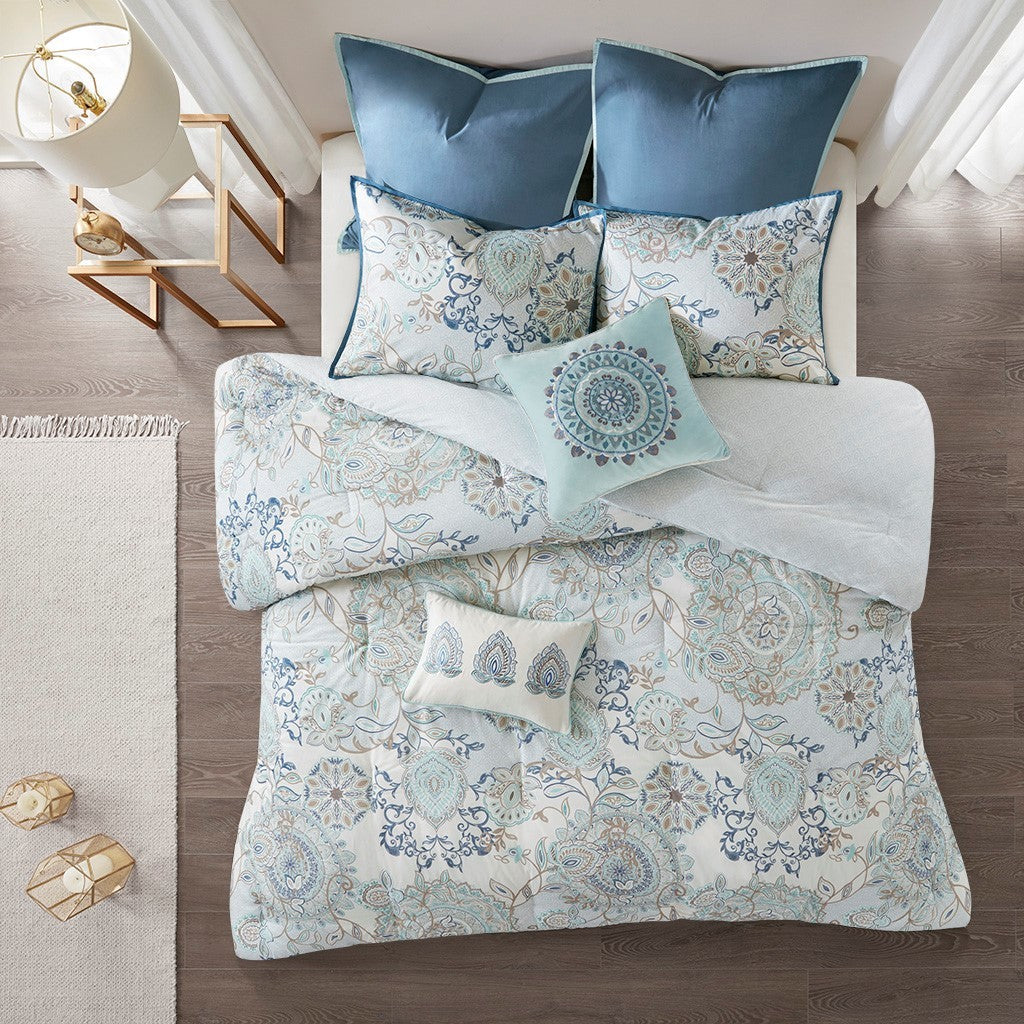 8-piece cotton floral printed reversible comforter set blue with teal accents HouseOfZazla on Tampa Home & Garden Store