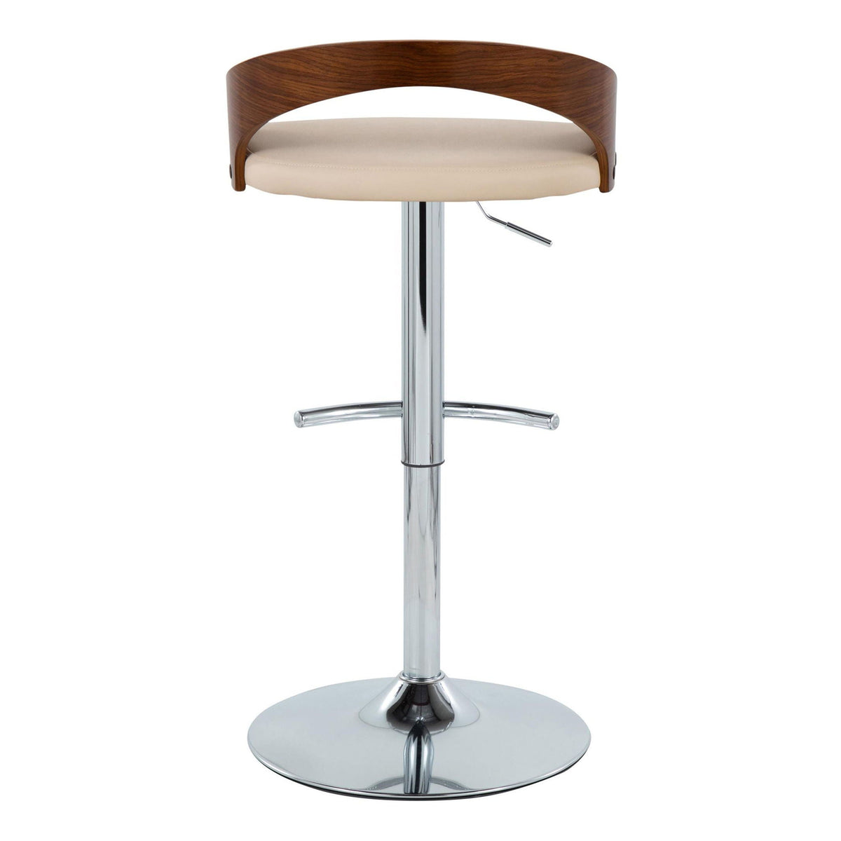 Contemporary adjustable barstool with swivel, wood back, beige cushioned seat, chrome base on Tampa Home & Garden Store