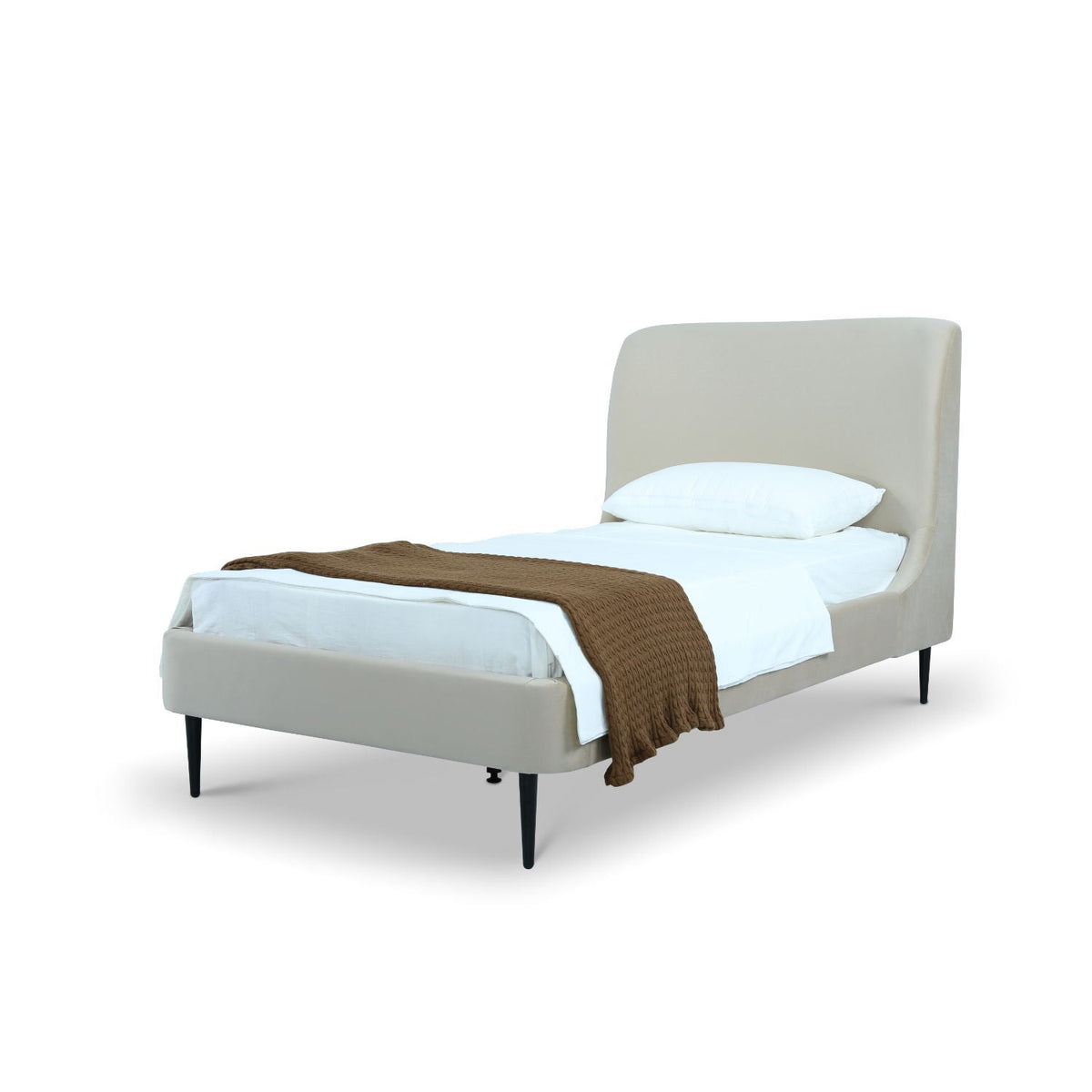 Heather upholstered bed with curved beige headboard and black tapered legs on Tampa Home & Garden Store