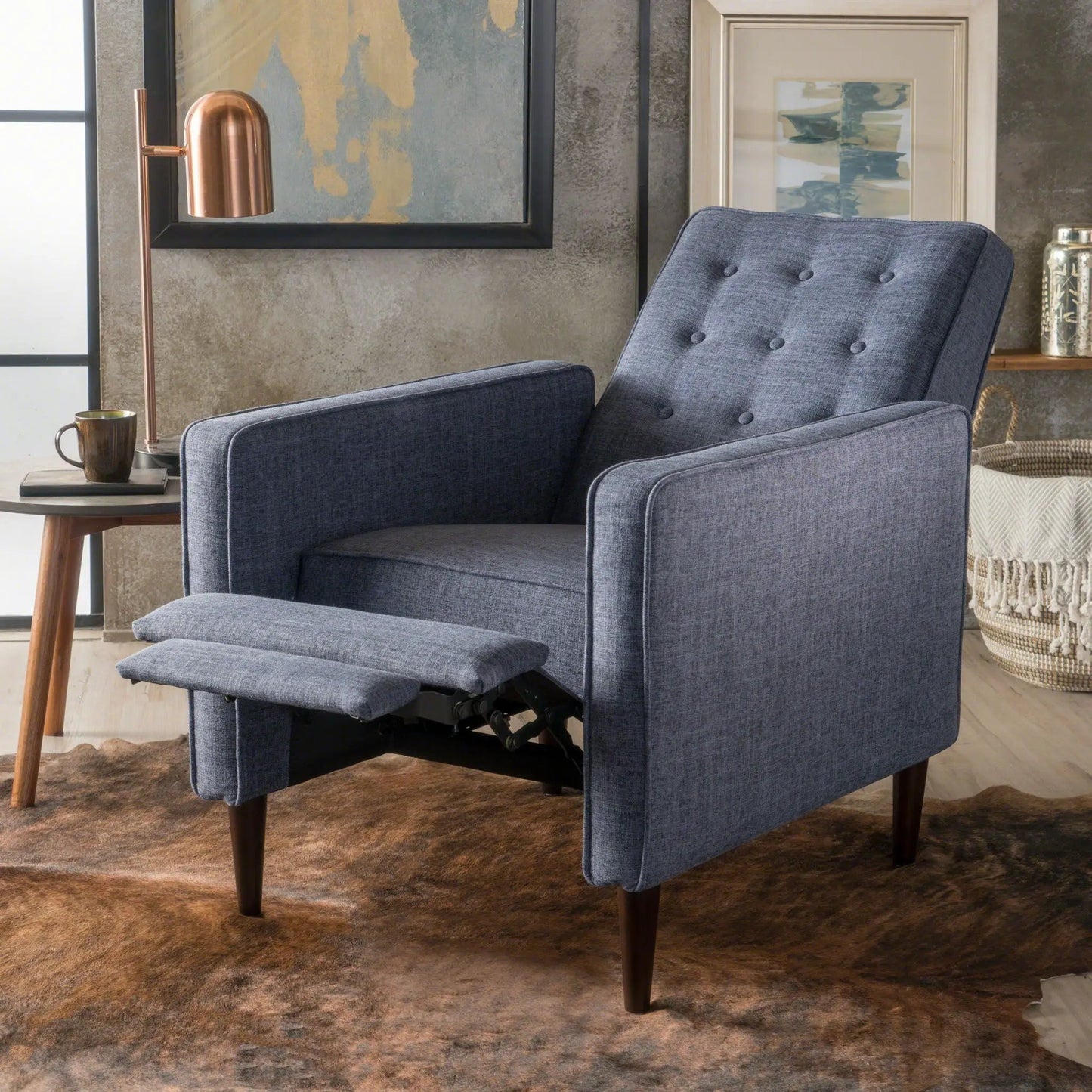 Mid-Century Modern Recliner with blue tufted waffle stitch upholstery by Unique Piece Furniture on Tampa Home & Garden Store