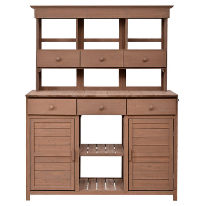 Topmax 65.7in tall potting bench with hutch, brown wood bench with 3 drawers by HouseOfZazla on Tampa Home & Garden Store