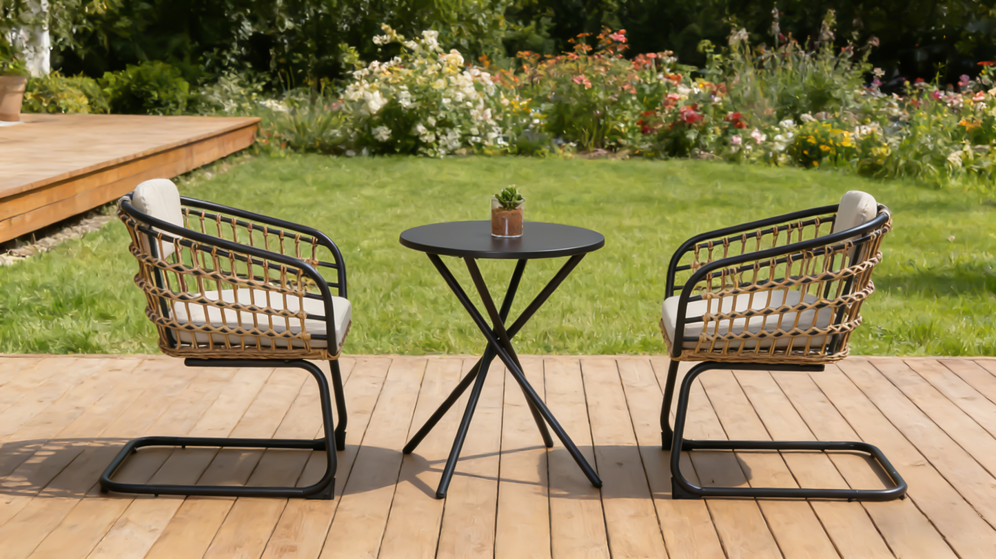 3-Piece Outdoor Wicker Bistro Set HouseOfZazla with black frames and beige cushions on deck on Tampa Home & Garden Store