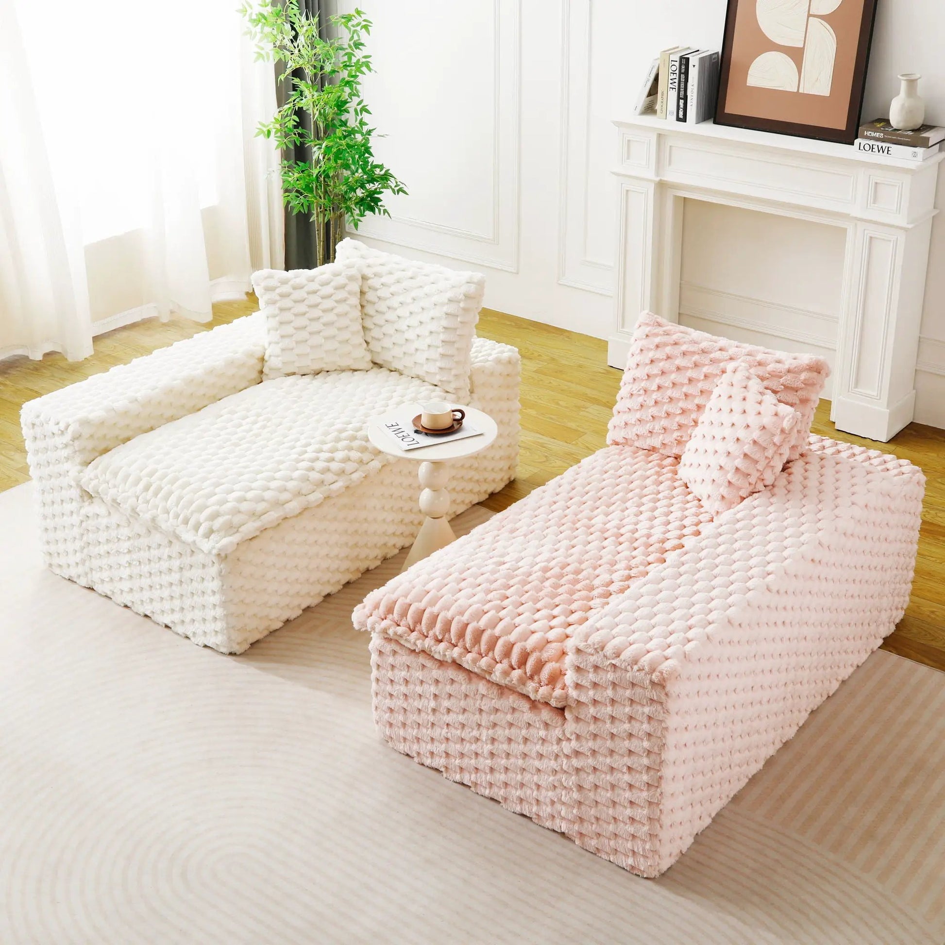 Multifunctional sofa by Unique Piece Furniture in white knit with pink poufs in living room on Tampa Home & Garden Store
