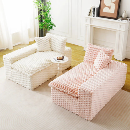 Multifunctional sofa by Unique Piece Furniture in white knit with pink poufs in living room on Tampa Home & Garden Store