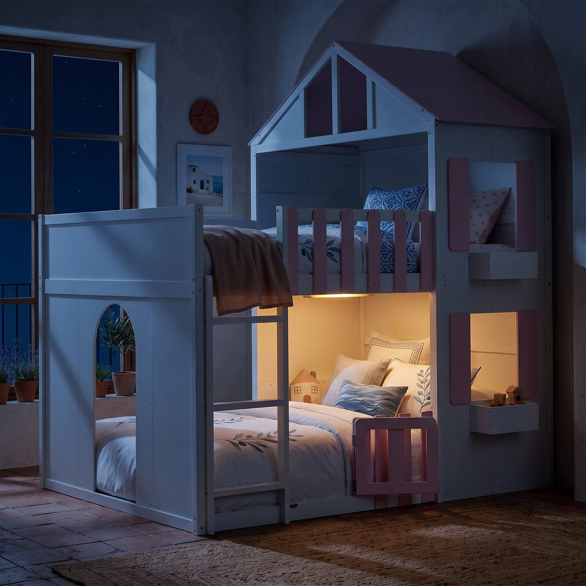 Full over full bunk bed with storage in white and pink, top bunk by HouseOfZazla on Tampa Home & Garden Store