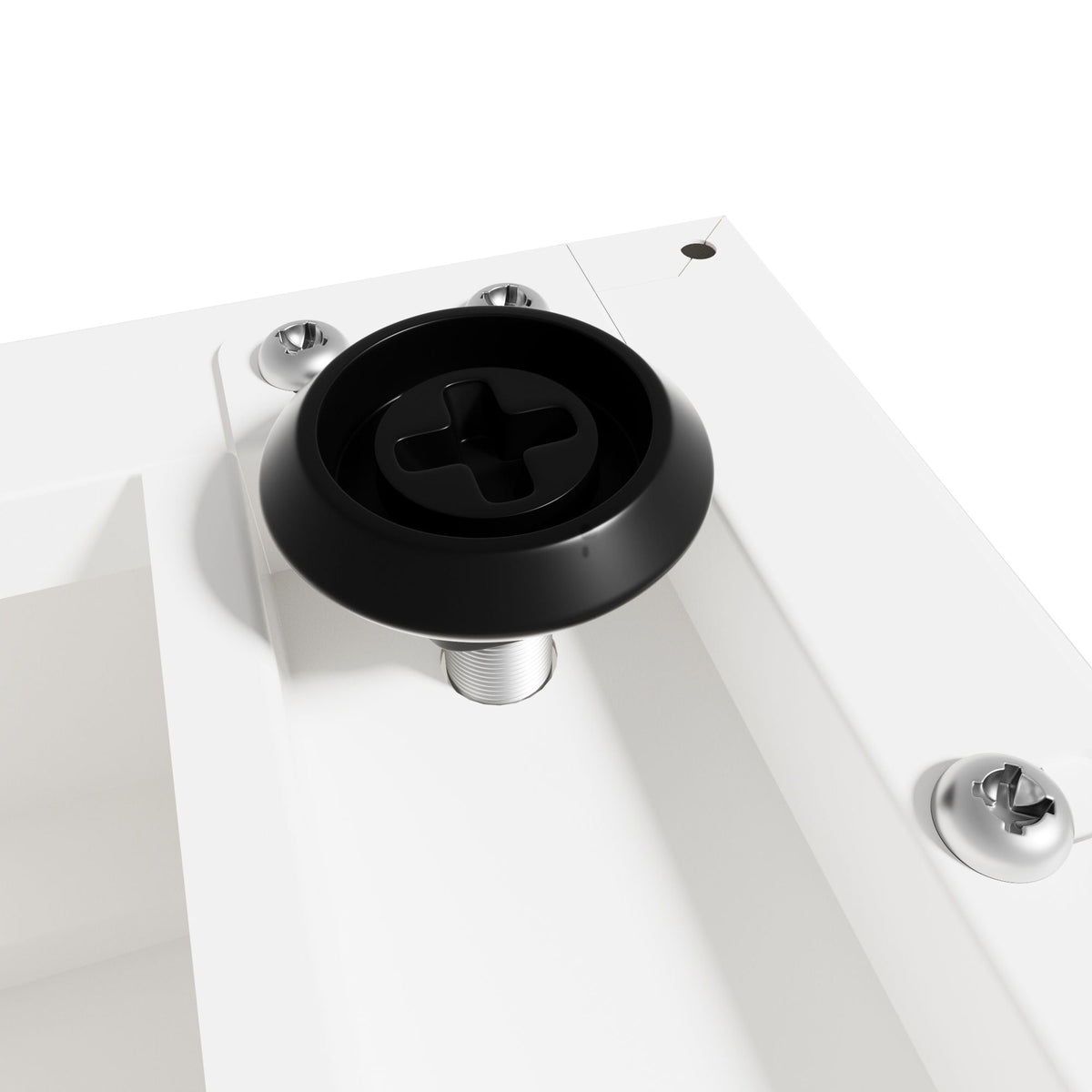 Storage cabinet hardware close-up on white cabinet with black lock and chrome screws on Tampa Home & Garden Store
