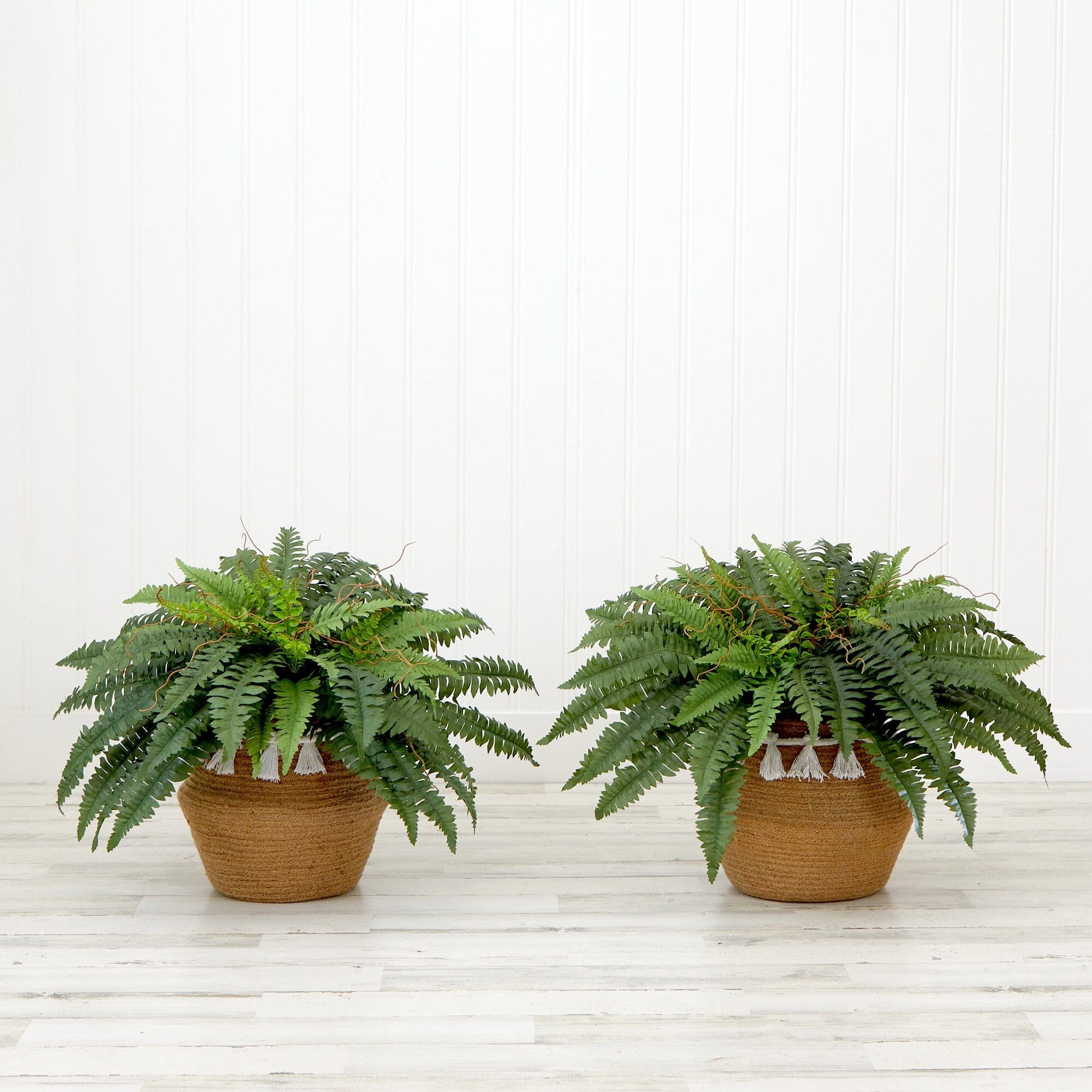 23” Artificial Boston Fern Plant with Handmade Jute & Cotton Basket with Tassels DIY KIT - Set of 2 - Tampa Home & Garden Store