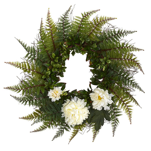 23” Assorted Fern and Chrysanthemum Artificial Wreath - Tampa Home & Garden Store