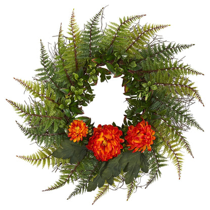 23” Assorted Fern and Chrysanthemum Artificial Wreath - Tampa Home & Garden Store