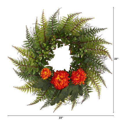 23” Assorted Fern and Chrysanthemum Artificial Wreath - Tampa Home & Garden Store