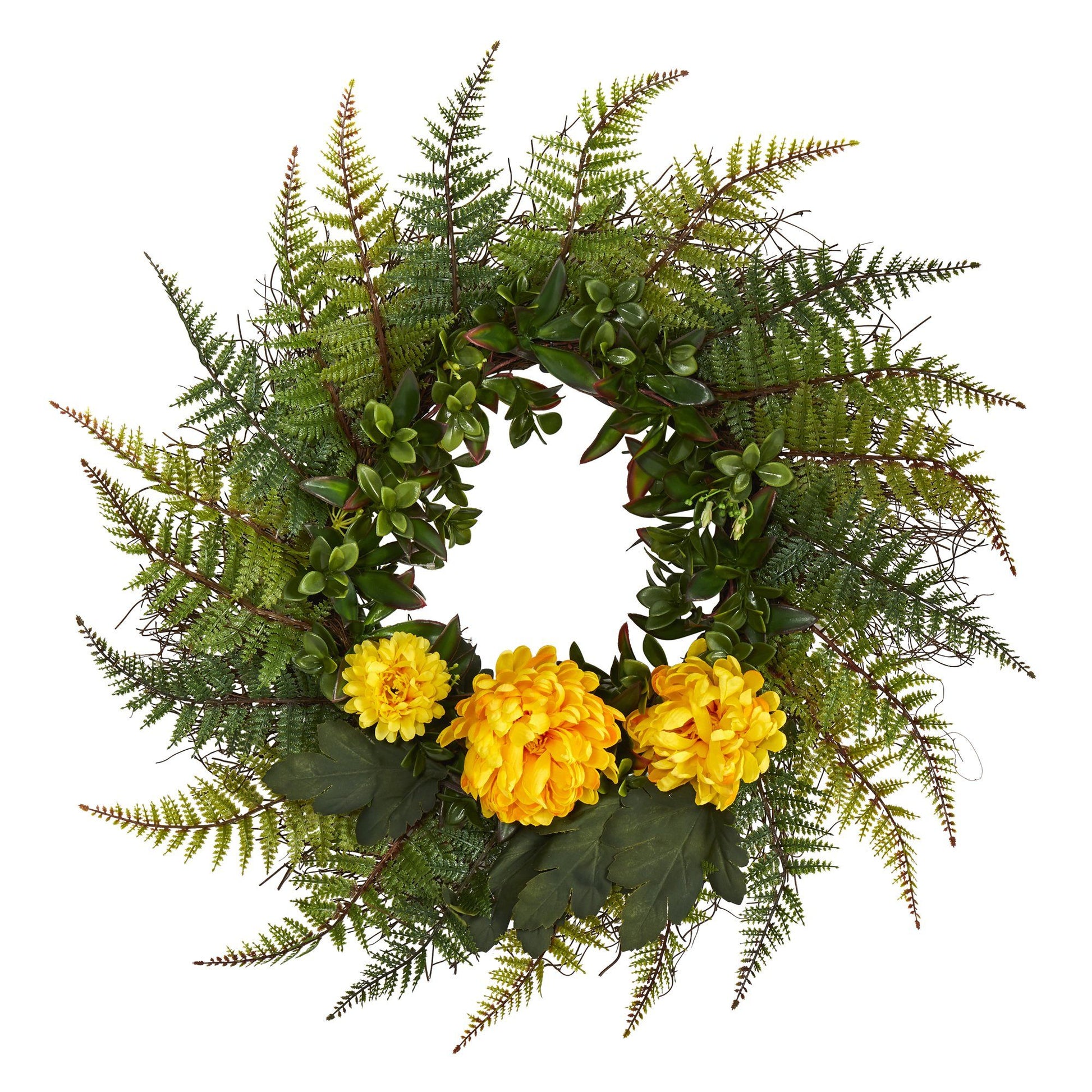 23” Assorted Fern and Chrysanthemum Artificial Wreath - Tampa Home & Garden Store