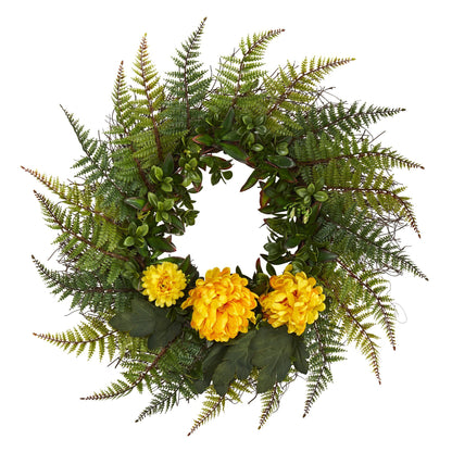 23” Assorted Fern and Chrysanthemum Artificial Wreath - Tampa Home & Garden Store