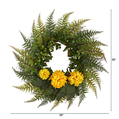 23” Assorted Fern and Chrysanthemum Artificial Wreath - Tampa Home & Garden Store