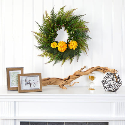 23” Assorted Fern and Chrysanthemum Artificial Wreath - Tampa Home & Garden Store