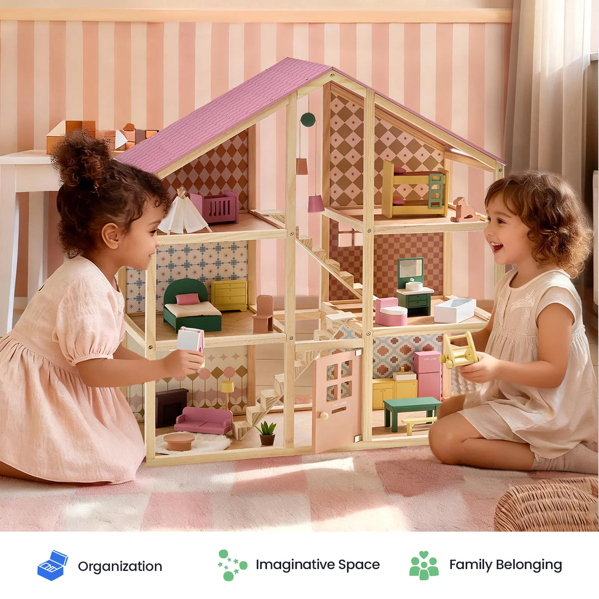 Tiny Land® Sweetwood dollhouse without dolls, pastel pink roof, wooden playset for kids on Tampa Home & Garden Store