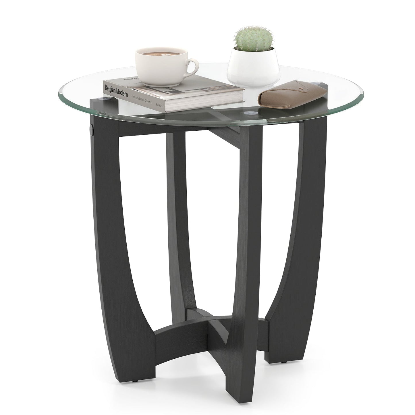 Mesa auxiliar redonda con tapa de cristal templado de 23.5 pulgadas - Negra