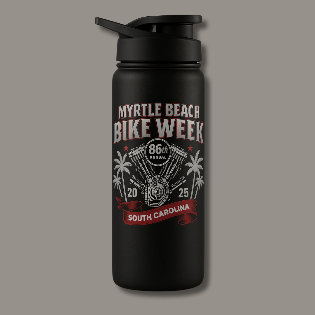 Fuel Up MBBW 2025 stainless steel water bottle black matte with Myrtle Beach Bike Week by BikerZoneZ on Tampa Home & Garden Store