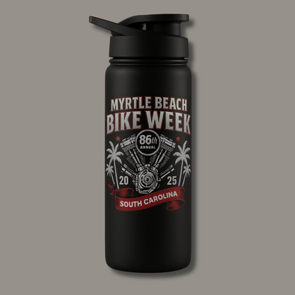 Fuel Up MBBW 2025 stainless steel water bottle black matte with Myrtle Beach Bike Week by BikerZoneZ on Tampa Home & Garden Store
