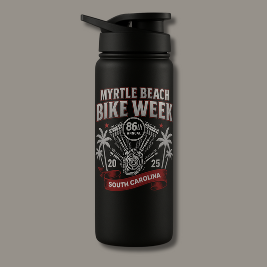 Fuel Up MBBW 2025 stainless steel water bottle black matte with Myrtle Beach Bike Week by BikerZoneZ on Tampa Home & Garden Store