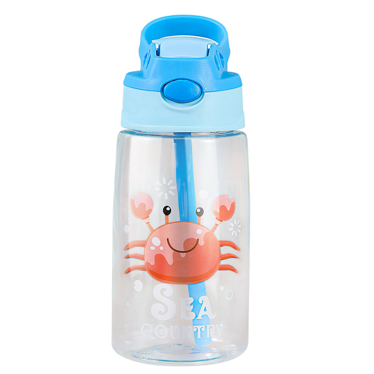 GemGear 16.2oz leak-proof kids water bottle with push-button straw, blue lid and sea crab print on Tampa Home & Garden Store