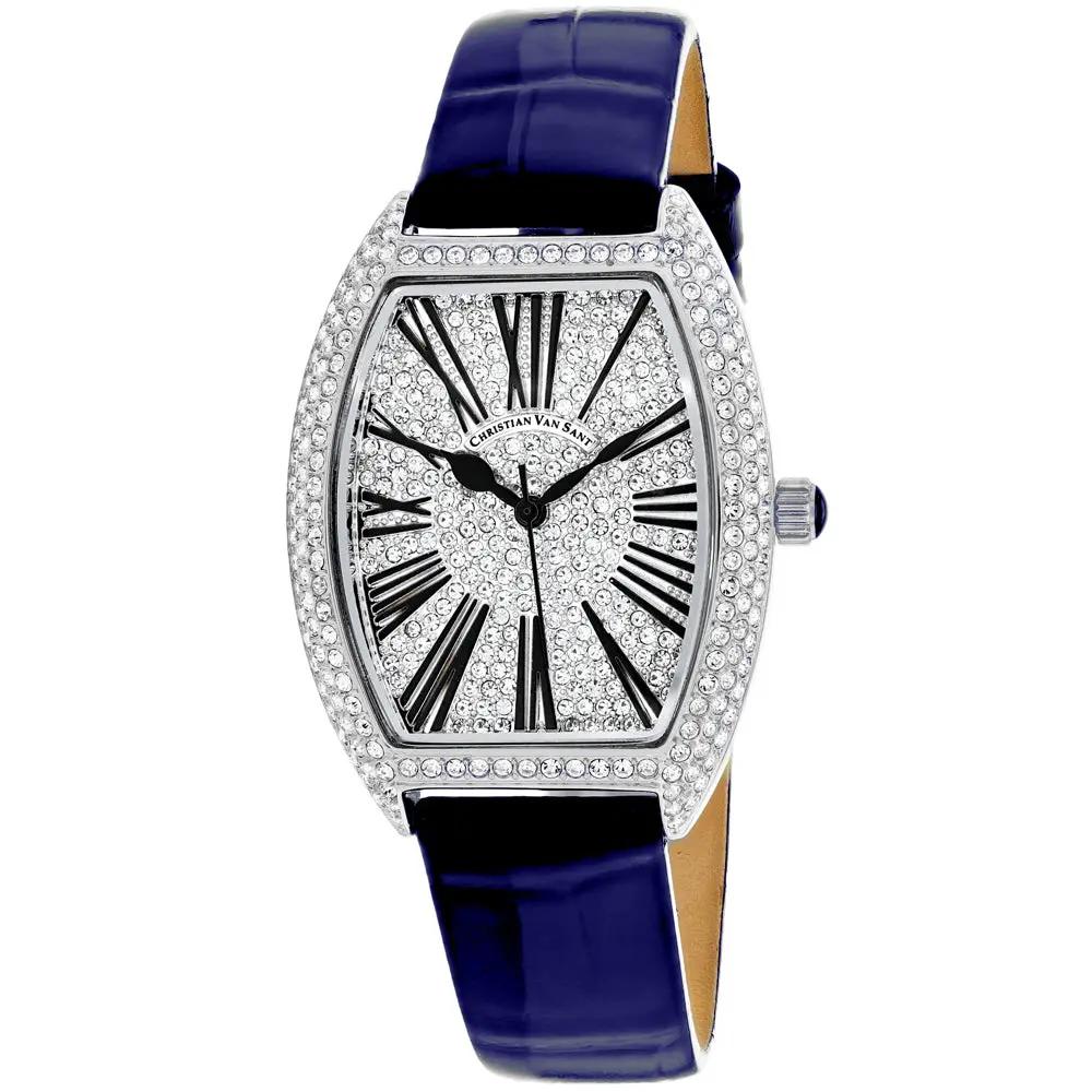 Watches Christian Van Sant Women's Chic with a diamond-studded bezel and blue leather strap on Tampa Home & Garden Store