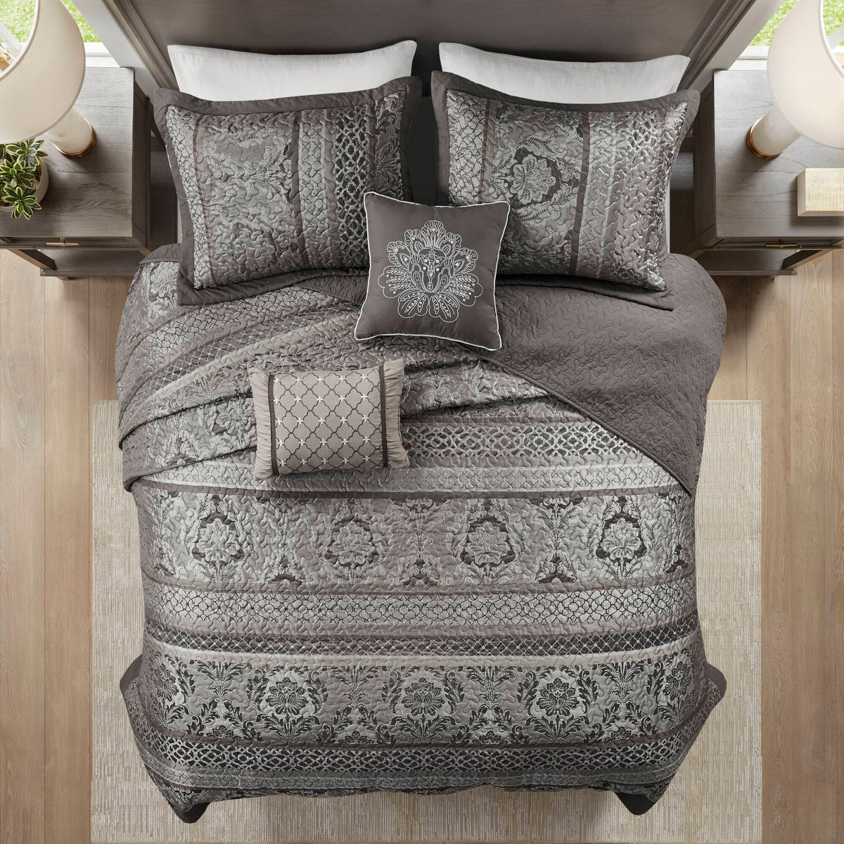 Reversible Jacquard Queen Bedspread Set with decorative pillows in gray by HouseOfZazla on Tampa Home & Garden Store