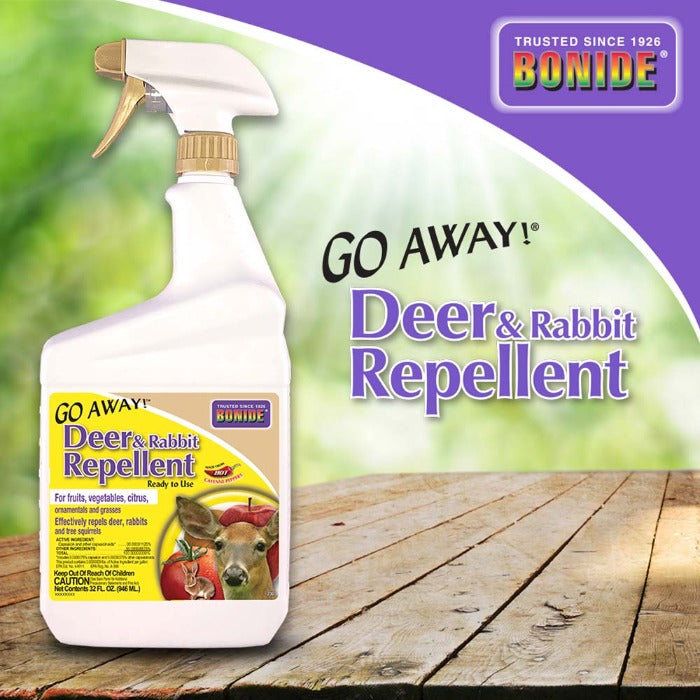 Go Away Deer & Rabbit Repellent spray bottle, white container with tan nozzle, Bonide brand on Tampa Home & Garden Store