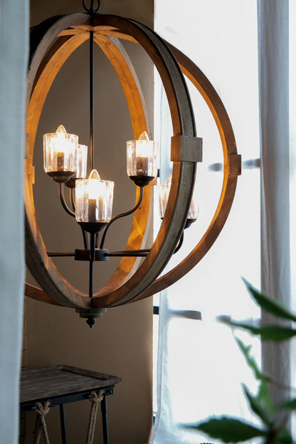 Chandelier with circular wooden rings and glass candle bulbs, adjustable chain on Tampa Home & Garden Store