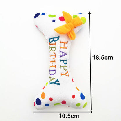 Cute Dog Birthday Plush Toy bone-shaped white with colorful dots and HAPPY BIRTHDAY orange bow on Tampa Home & Garden Store