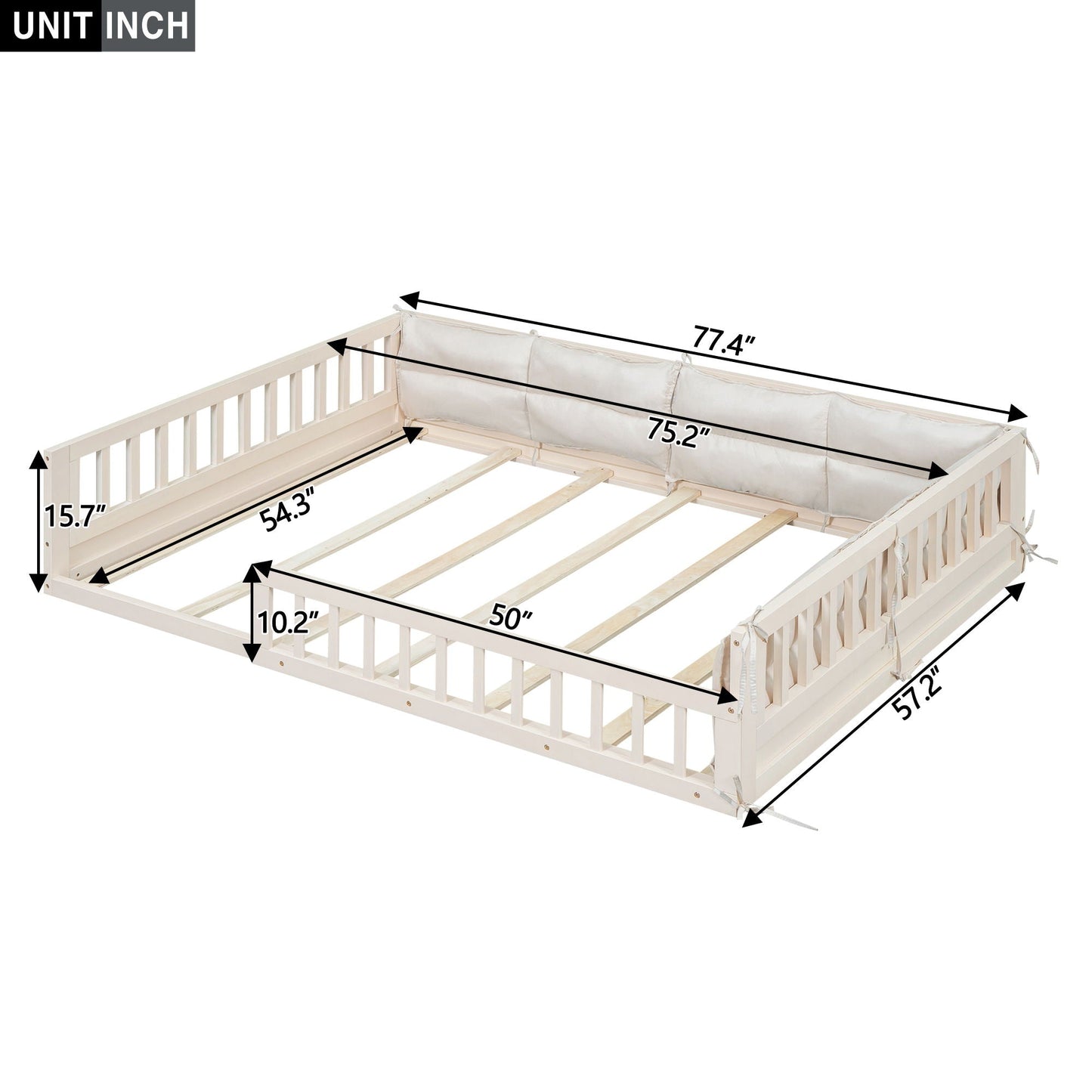 Upholstered platform bed with guardrail and pillow by HouseOfZazla, light wood frame on Tampa Home & Garden Store