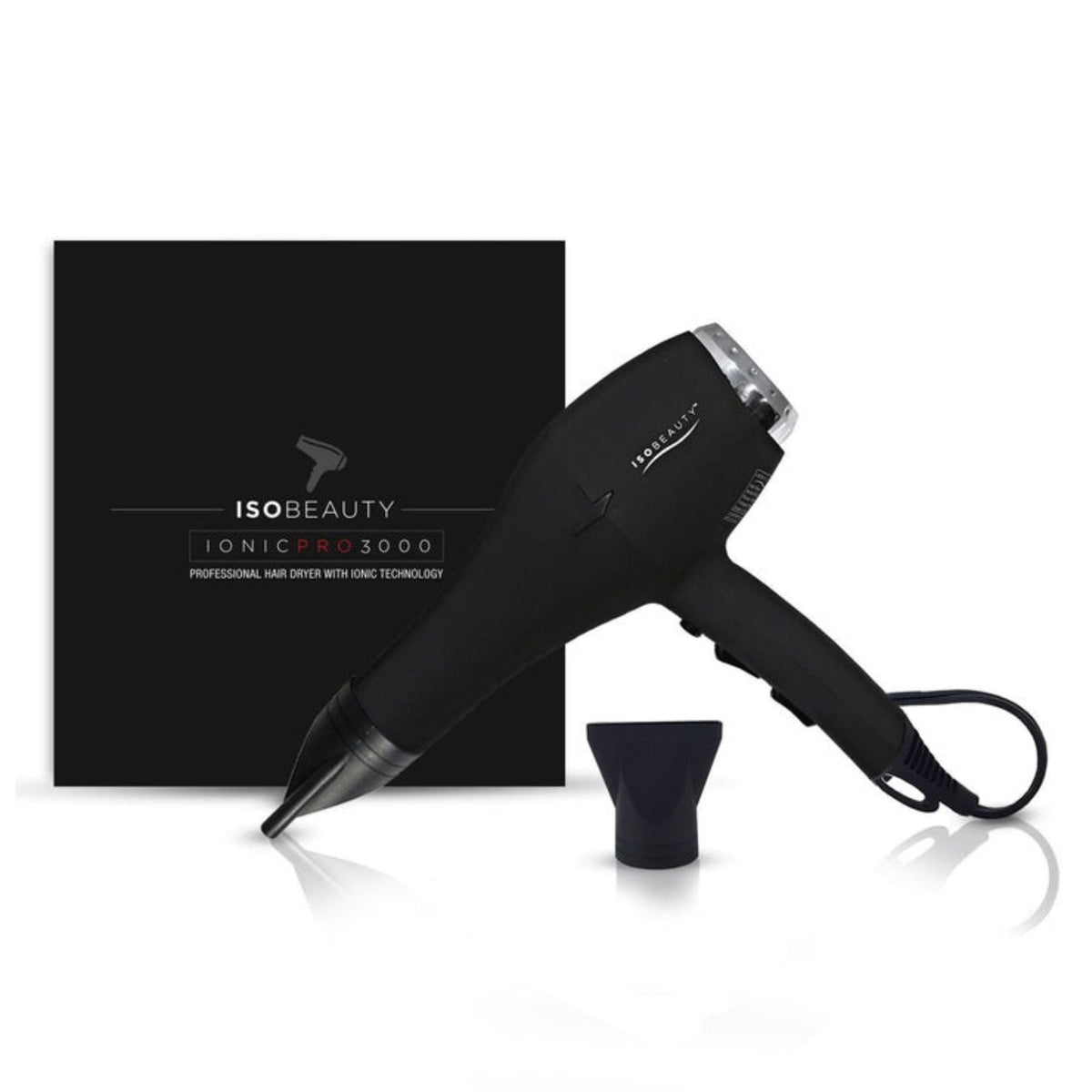 ISOBEAUTY Ionic Pro 3000 professional hair dryer in black with concentrator nozzle on Tampa Home & Garden Store