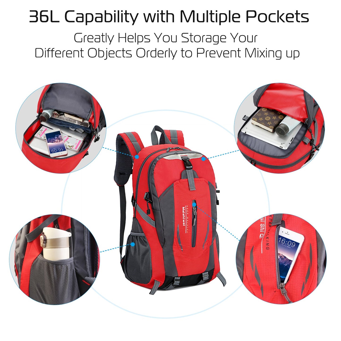 GemGear 36L waterproof hiking backpack in red and gray with multiple pockets on Tampa Home & Garden Store