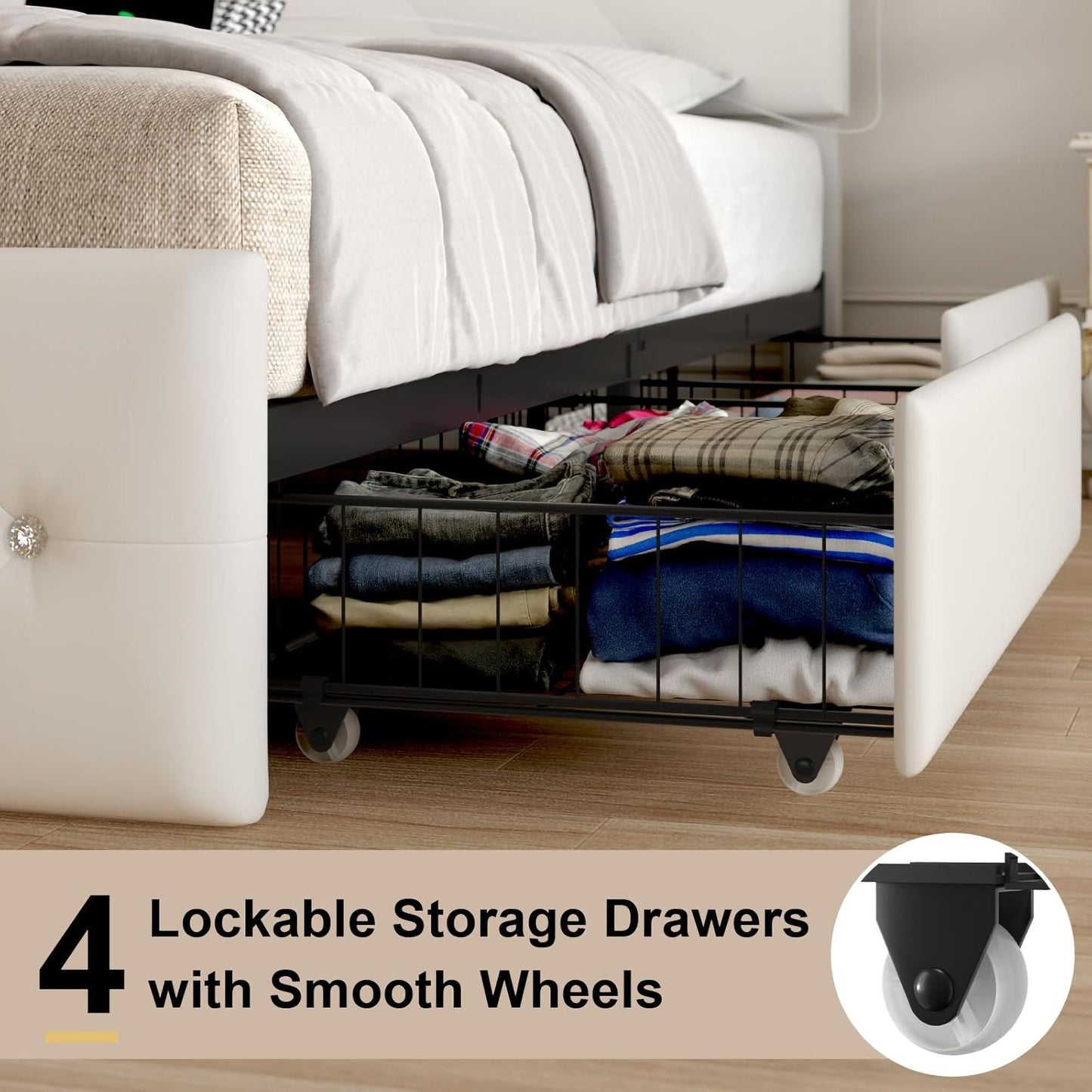 Upholstered Bed Frame with LED Lights Storage