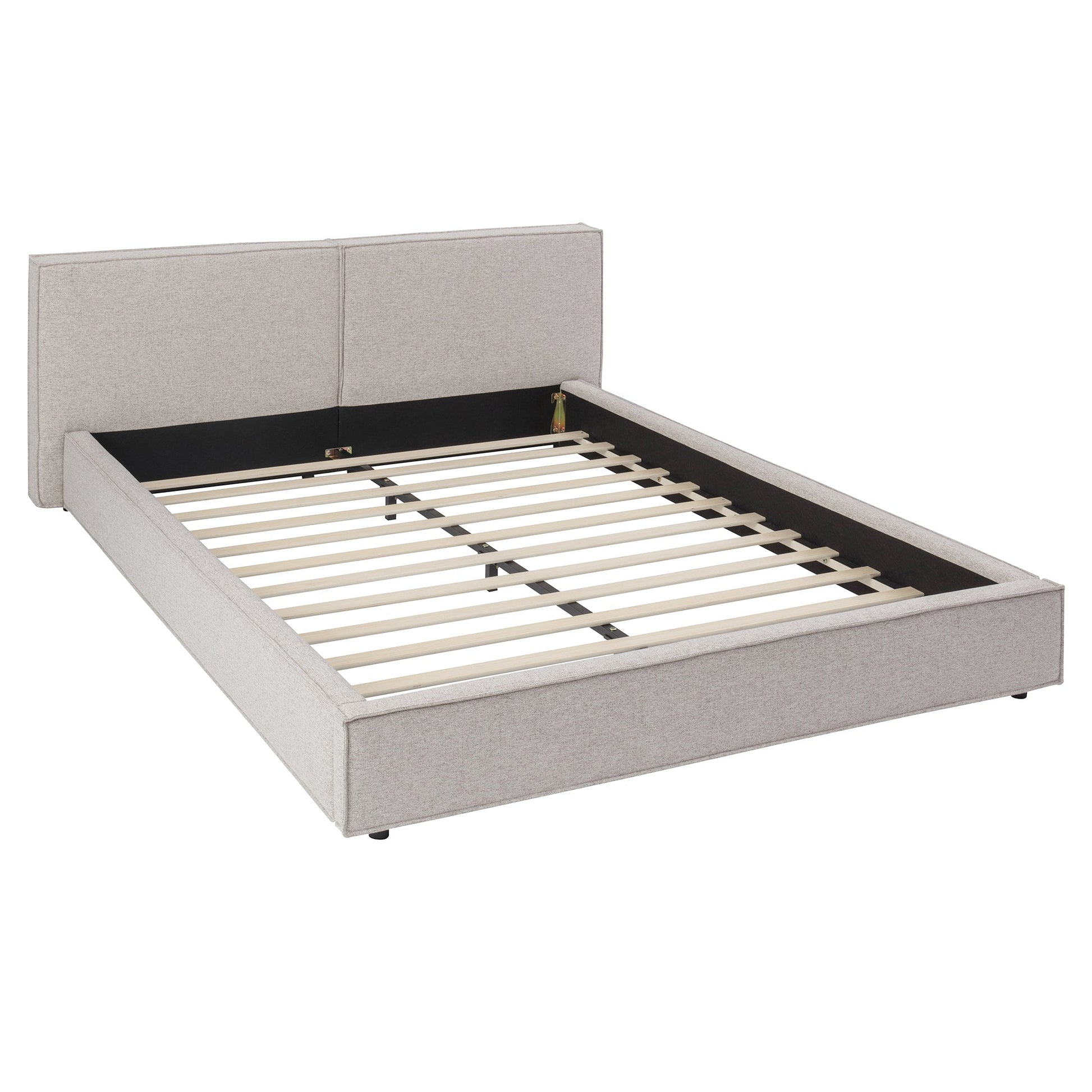 Modern tufted queen upholstered bed frame in light beige fabric with wood slats on Tampa Home & Garden Store