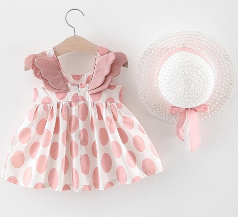 Stevvex newborn baby girl dress with hat, pink polka dot print and flutter sleeves on Tampa Home & Garden Store