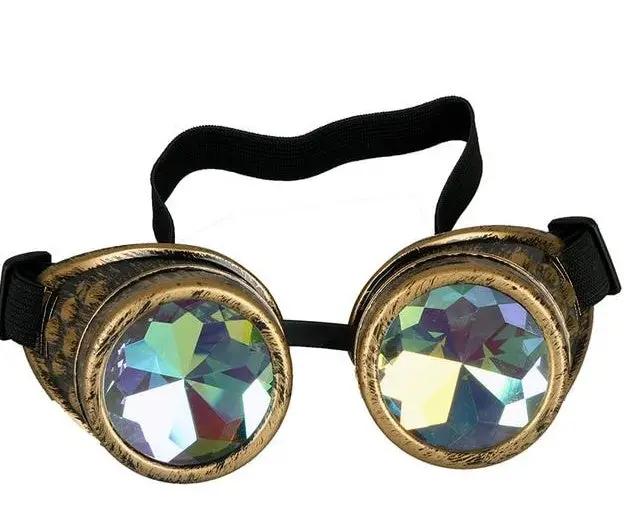 Steampunk goggles with gold-framed round iridescent lenses and black elastic strap on Tampa Home & Garden Store