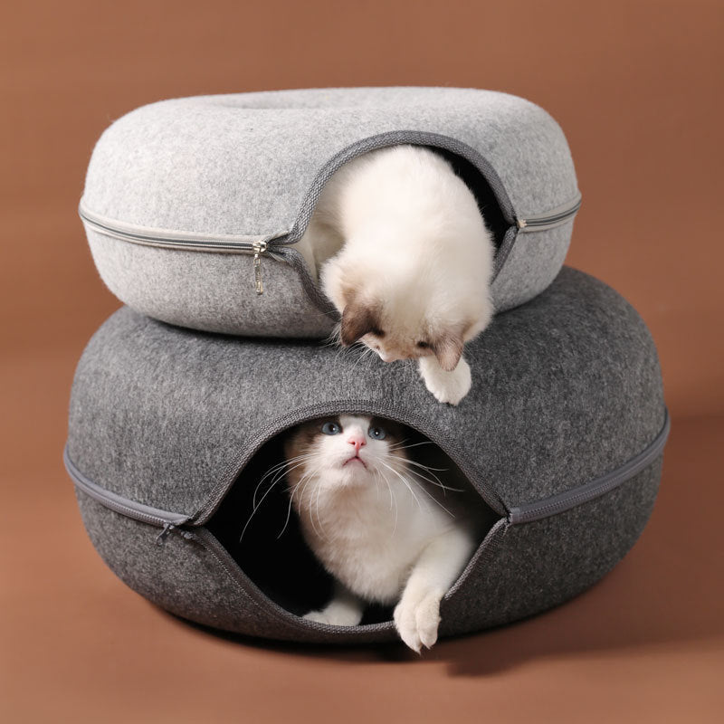 Woolen felt cat nest tunnel, two round grey nests stacked with kittens peeking out on Tampa Home & Garden Store