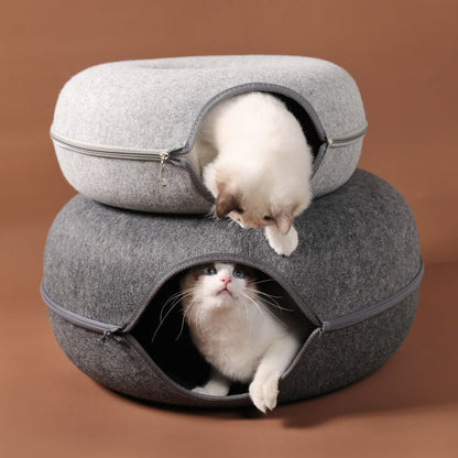 Woolen felt cat nest tunnel, two round grey nests stacked with kittens peeking out on Tampa Home & Garden Store