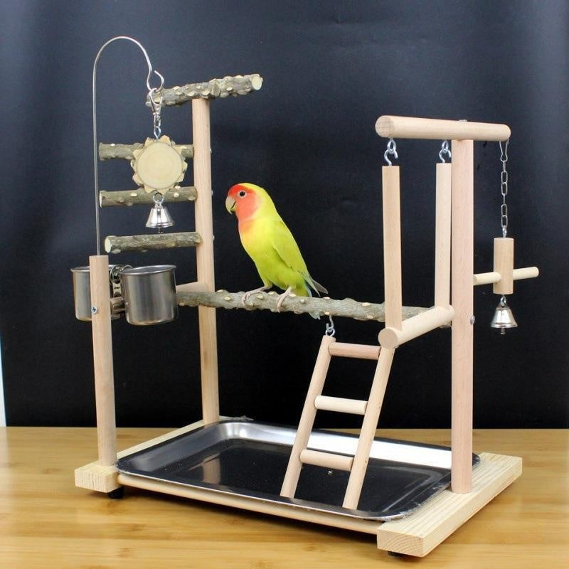 Parrot stand with multi-level wooden frame, bells, metal cups and ladder on a tray base on Tampa Home & Garden Store