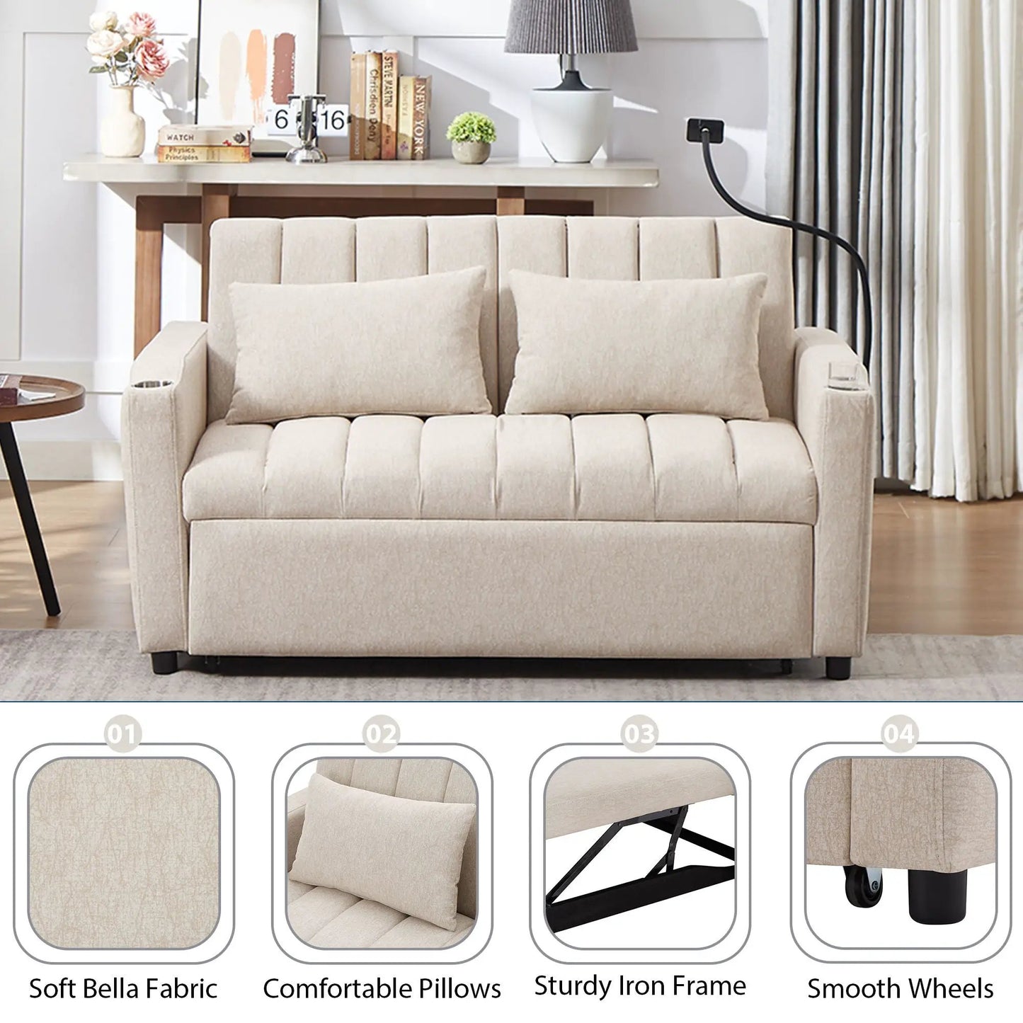 Convertible sofa bed loveseat beige fabric by Unique Piece Furniture for living room on Tampa Home & Garden Store