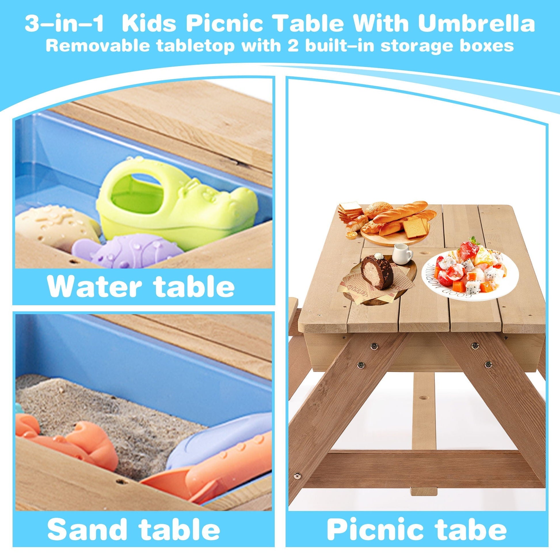 3-in-1 Kids Outdoor Wooden Picnic Table With Umbrella by HouseOfZazla; water table, sand table, picnic table on Tampa Home & Garden Store