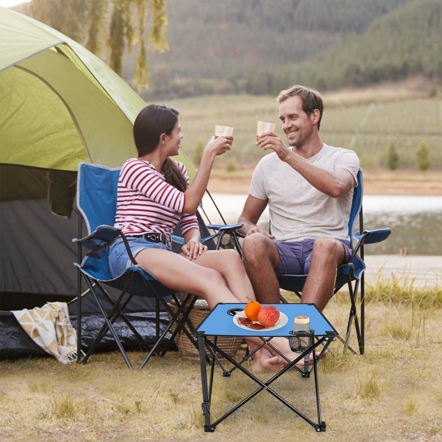 GemGear 2Pcs foldable camping tables with blue top and 2 cup holders at a campsite on Tampa Home & Garden Store